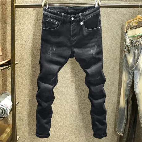 潮牌猫须男士牛仔裤修身小脚弹力裤子黑色帅气时尚百搭秋季长裤子商品大图