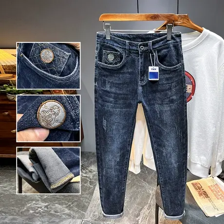 秋冬厚款弹力修身小直筒深蓝色牛仔裤男怀旧刺绣简约青少年长裤子商品大图