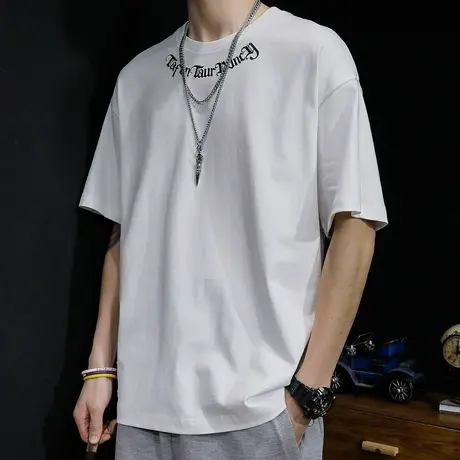 白色刺绣短袖t恤男宽松胖子大码ins潮牌加肥加大半袖纯棉体恤夏季商品大图