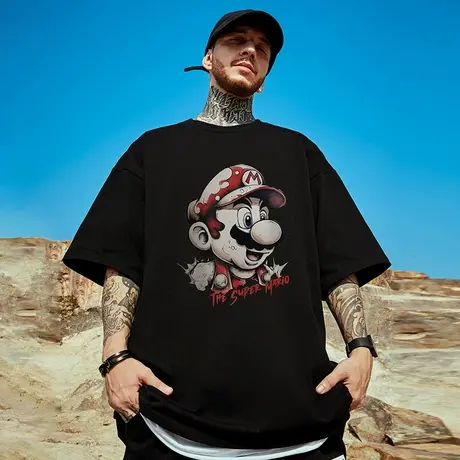 摩严潮牌胖子男装宽松日系卡通短袖T恤纯棉大码男生半袖潮流夏季图片