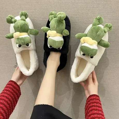 棉拖鞋女秋冬季可爱青蛙毛绒保暖情侣家居家室内厚底防滑包跟棉鞋商品大图
