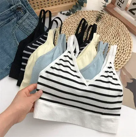 欧韩版三角杯薄款抹胸黑白条纹设计感小众内搭美背裹胸小吊带背心图片
