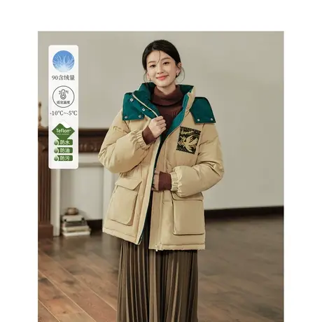 茵曼90鸭绒立领连帽羽绒服2023冬季女装新款刺绣长袖宽松保暖外套图片