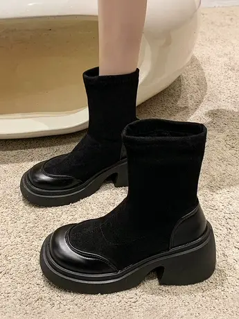 黑色厚底袜靴女2023秋冬季新款粗跟弹力瘦瘦靴短靴绒面套筒马丁靴图片