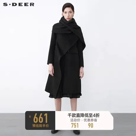 sdeer圣迪奥冬围巾拼接不规则长款黑色毛呢大衣S21481857图片