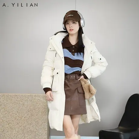 阿依莲2023新款中长款羽绒服女冬白鸭绒立领连帽防风保暖加厚外套图片
