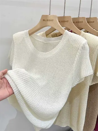 短袖针织衫女夏季2023新款垫肩独特别致小众显瘦正肩修身上衣女潮商品大图