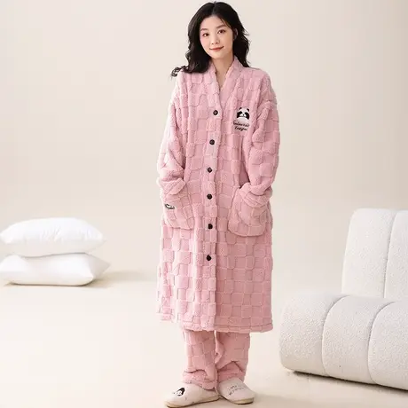 猫人女士睡衣冬季法兰绒2023新款开衫睡袍加绒加厚大码家居服套装图片