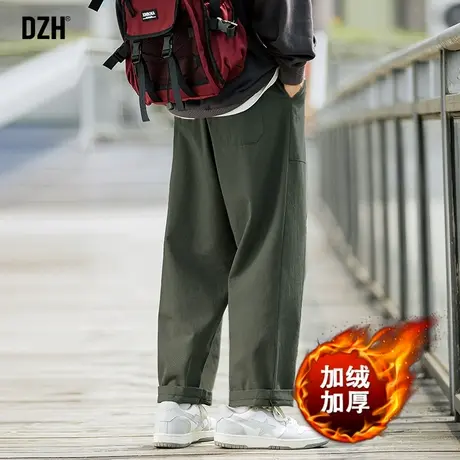 男士日系工装休闲裤男冬季青少年加绒裤子男直筒宽松军绿色阔腿裤商品大图