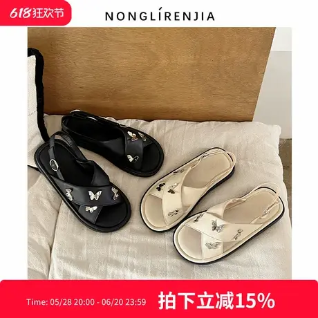 弄里人佳大码女鞋41-43凉鞋厚底潮交叉带蝴蝶结罗马风40 42宽胖脚商品大图