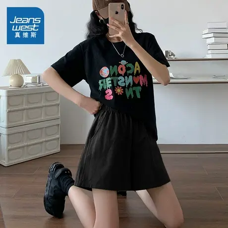 KMV真维斯黑色斜纹棉短裤女2025新款夏季高腰a字运动休闲三分裤子商品大图