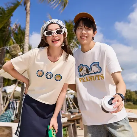唐狮夏季新款短袖T恤史努比短款白色t恤上衣女情侣装半袖男G商品大图