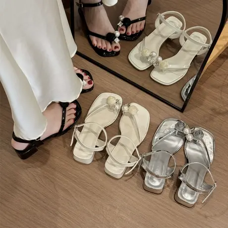 法式夹趾凉鞋女款2025新款夏季配裙子绝美不累脚粗跟一字带高跟鞋商品大图