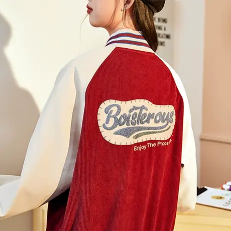 唐狮新款灯芯绒外套女春秋秋季美式复古风红色新年衣服棒球服商品大图