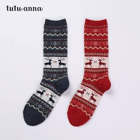 tutuanna袜子 女 驯鹿雪花羊毛保暖圣诞风 中筒袜商品大图