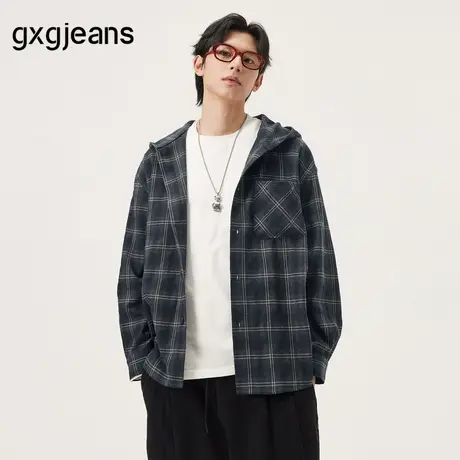 gxg.jeans男装 蓝色格纹复古潮流宽松连帽夹克外套男 25秋新品图片
