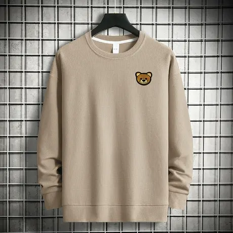 男士卫衣华夫格潮牌潮流宽松春秋季小熊套头无帽上衣圆领长袖t恤商品大图