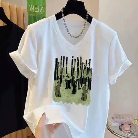 纯棉白色短袖T恤女大码oversize高级感美式网红爆款减龄v领上衣潮商品大图