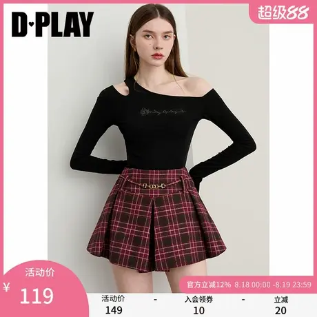 DPLAY2025年秋季新款黑色t恤女莱赛尔露肩镂空设计修身长袖上衣商品大图