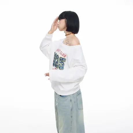 美式辣妹风数字印花斜肩白色卫衣女早秋新款宽松慵懒松弛感上衣商品大图