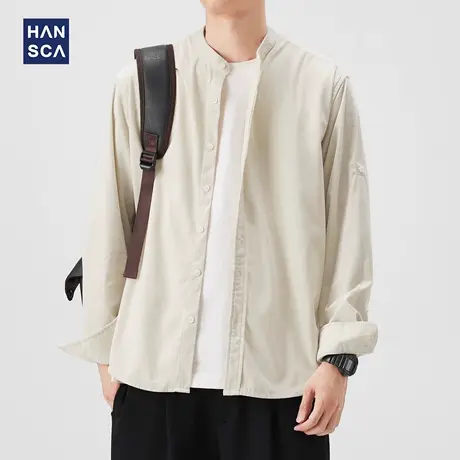 hansca纯棉休闲衬衫男长袖2025新款青少年复古纯色简约衬衣男外套图片