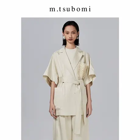 子苞米系带短袖西装女薄款2023夏新款宽松休闲设计感米色西服外套图片