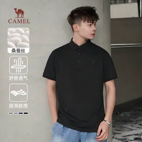骆驼男装桑蚕丝polo衫男士短袖2025新款t恤冰丝上衣商务体恤商品大图