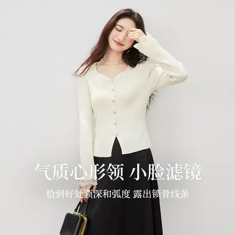 【小苍兰毛衫】OSA欧莎心形领针织衫女秋季新款蕾丝花边别致上衣商品大图