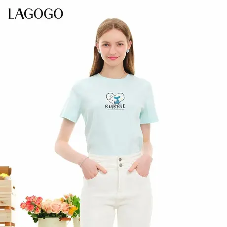LAGOGO浅蓝色爱心印花T恤女士拉谷谷夏季新款纯棉正肩圆领短袖商品大图