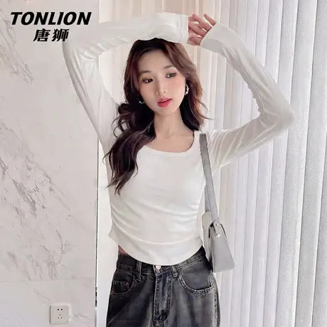 唐狮官方短款长袖t恤女2026新款春季方领褶皱显瘦打底修身上衣VC图片