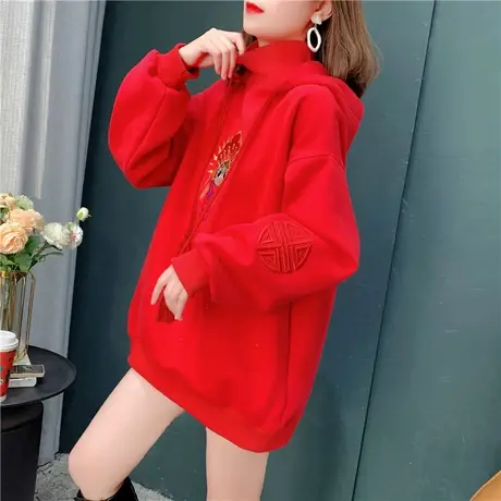 加绒加厚刺绣设计感连帽卫衣女2021年新款韩版慵懒中国风外套上衣商品大图