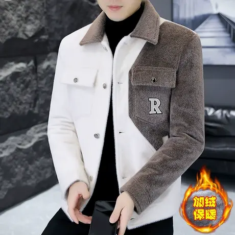 男士秋冬季水貂绒夹克加绒加厚潮牌高级感痞帅气呢子撞色冬装外套商品大图