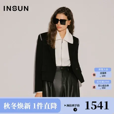 恩裳COVER2023冬装新款手工双面呢截短风琴褶肩西装领毛呢外套女商品大图