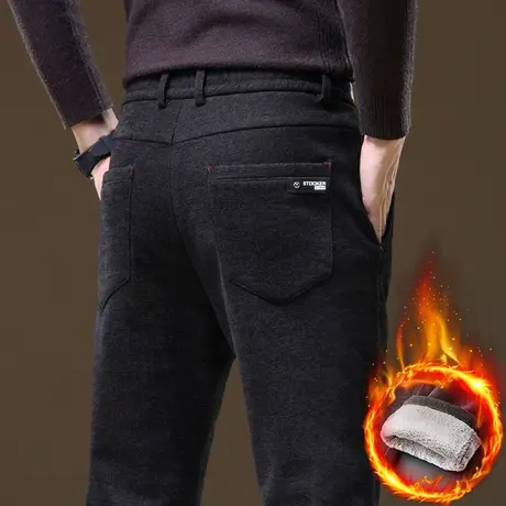 冬天冬季男款修身直筒加绒加厚休闲长裤子秋冬款保温黑色西裤冬裤商品大图