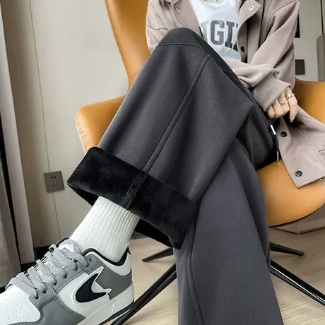 抽绳加绒运动裤女冬季加厚高腰宽松显瘦休闲弯刀裤拖地阔腿卫裤子图片