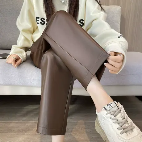 直筒皮裤冬季新款外穿美式机车风九分小个子pu皮高腰宽松休闲裤子图片