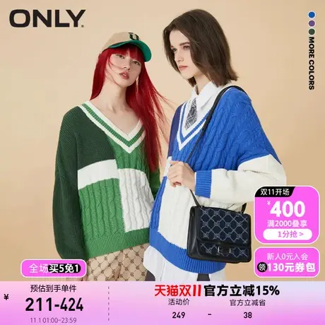 【买5免1】ONLY奥莱落肩袖撞色宽松V领长袖套头针织衫女商品大图