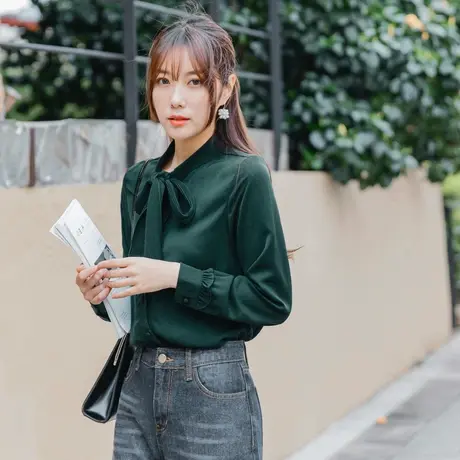 桔熊秋冬季通勤大蝴蝶结系带领荷叶边长袖厚雪纺衫上衣大码AB8937图片