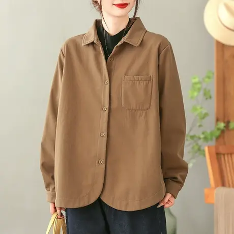 dza 复古纯色全棉宽松加厚衬衫外套女士秋冬口袋上衣休闲加绒衬衣图片