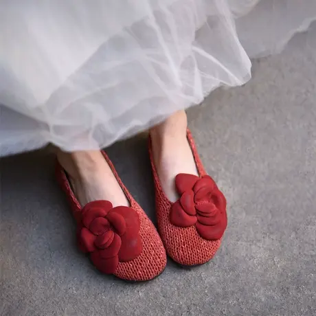 Artmu阿木原创复古真皮针织花朵平底单鞋女软底豆豆鞋2023新款图片