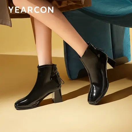 意尔康女鞋冬季时装靴法式高跟小方头瘦瘦靴粗跟后拉链舒适短靴女图片