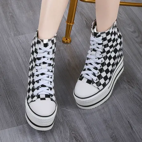 坚城12cm内增高帆布鞋女小香风超高跟单鞋圆头休闲高帮厚底松糕鞋商品大图