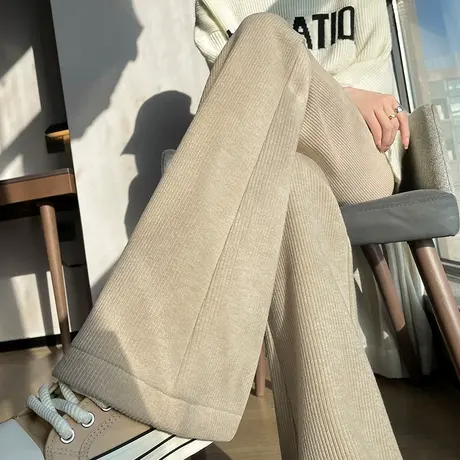 燕麦色灯芯绒微喇裤女冬季加绒高腰直筒修身雪尼尔显瘦休闲喇叭裤商品大图