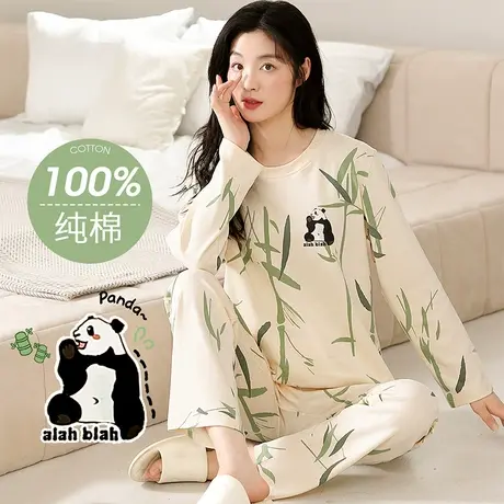 润微【100%棉】睡衣女长袖圆领可爱卡通亲肤纯棉女士家居服可外穿商品大图