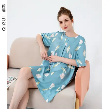 绮瑞女夏季睡裙薄款冰丝短袖中裙仿真丝睡衣女夏款丝绸印花家居服商品大图