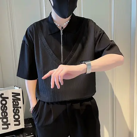 夏季男士潮流拼接假两件设计休闲短袖POLO衫潮男痞帅个性半袖t恤商品大图