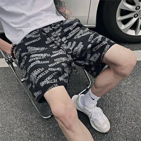 夏季字母短裤个性百搭五分裤裤子沙滩裤宽松休闲潮流运动花色中裤商品大图