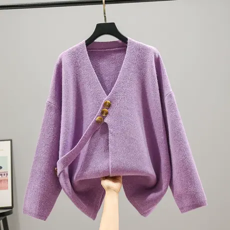 2023春秋新款韩版宽松长袖V领针织衫开衫外套毛衣女士百搭上衣女图片