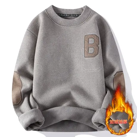 一体绒男士圆领秋冬款卫衣青少年学生加绒加厚保暖刺绣打底上衣服商品大图