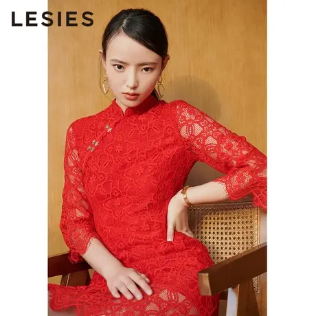 LESIES蓝色倾情春秋装线下专柜商场同款复古国风盘扣设计连衣裙子图片